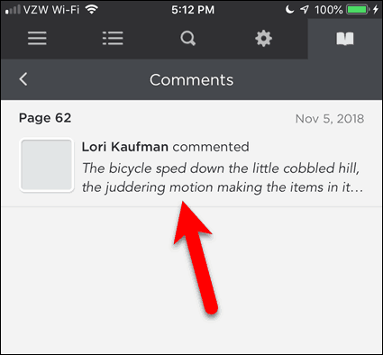 Tik op een opmerking in BookFusion voor iOS