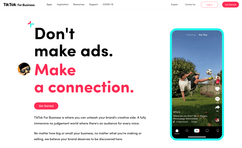 screenshot van tiktok voor bedrijven met de vermelding 'maak geen advertenties. maak een verbinding. '
