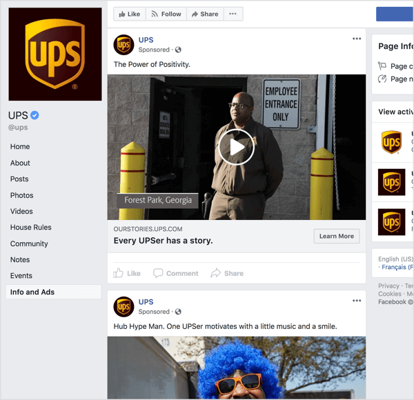 Als je naar de Facebook-advertenties van UPS kijkt, is het duidelijk dat ze storytelling en emotionele aantrekkingskracht gebruiken om merkbekendheid op te bouwen.
