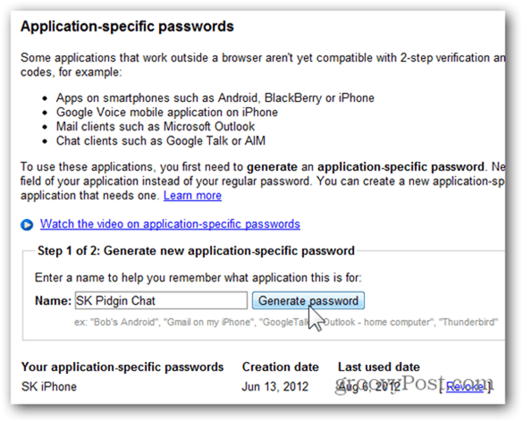 google eenmalige wachtwoorden - klik op wachtwoord genereren