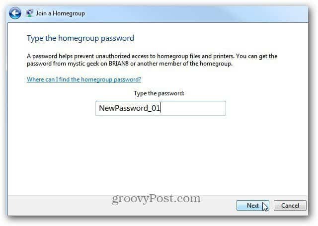 Voer het wachtwoord van de thuisgroep in
