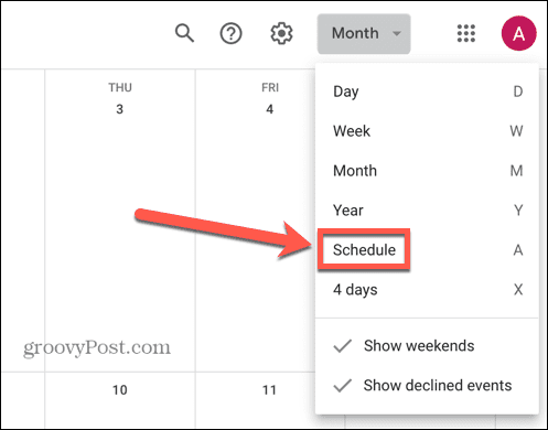 google kalender selecteer schemaweergave
