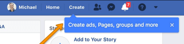 Het lijkt erop dat Facebook een nieuwe menuknop op de navigatiebalk bovenaan heeft uitgerold waarmee gebruikers snel en gemakkelijk een pagina, een advertentie, een groep en meer kunnen maken.