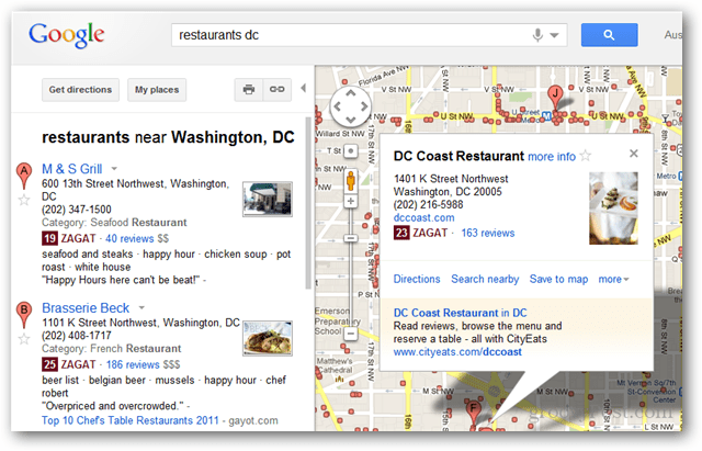 Google heeft Zagat en Google+ vriendbeoordelingen geïntegreerd in de zoekresultaten van Google Maps