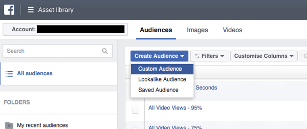 Klik in Facebook Ads Manager op Doelgroep maken en selecteer Aangepast publiek in de vervolgkeuzelijst.