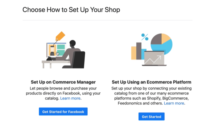opties om uw Facebook-commerce-account in te stellen op een commerce manager of een e-commerceplatform