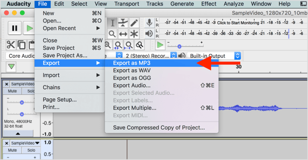 Kies Bestand> Exporteren> Exporteren als MP3 om het audiobestand van Audacity te downloaden.