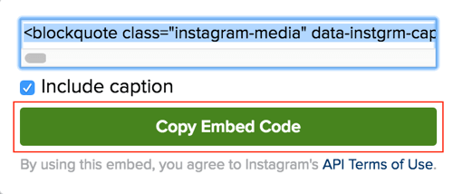Klik op de groene knop om de insluitcode van het Instagram-bericht te kopiëren.