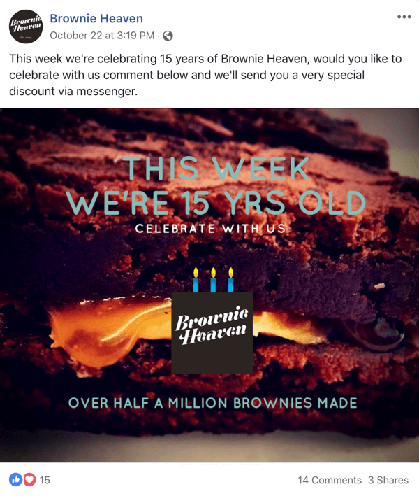 Voorbeeld van een Facebook-bericht met een aanbieding van Brownie Heaven.