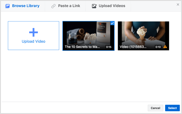 Facebook maakt videoadvertentie selecteer video