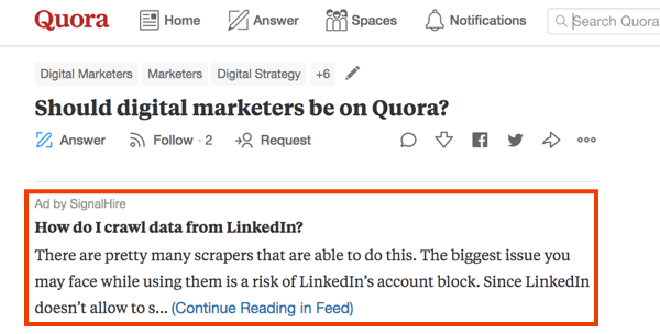 Voorbeeld van marketing op Quora met een betaalde advertentie.