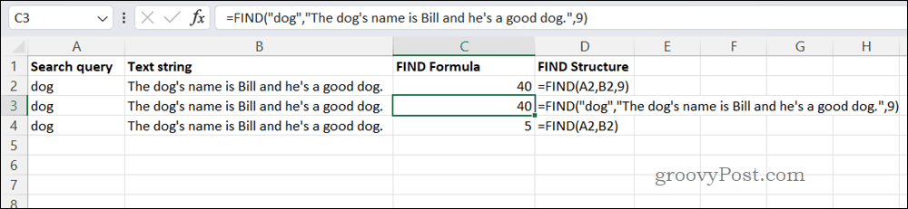 Voorbeeld FIND-formule in Excel