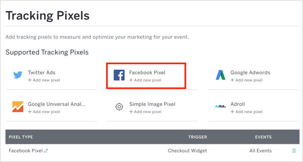 Klik in Eventbrite op Facebook Pixel en voer je pixel-ID en andere details in.