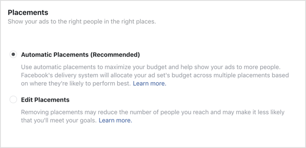 Automatische plaatsingen optie geselecteerd voor Facebook-campagne
