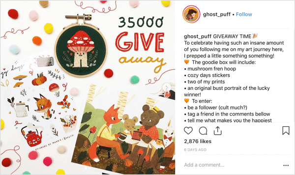 Artiest ghost_puff gebruikt een vriendelijke, herkenbare poststijl die uitnodigt tot babbelen van de gemeenschap op Instagram.