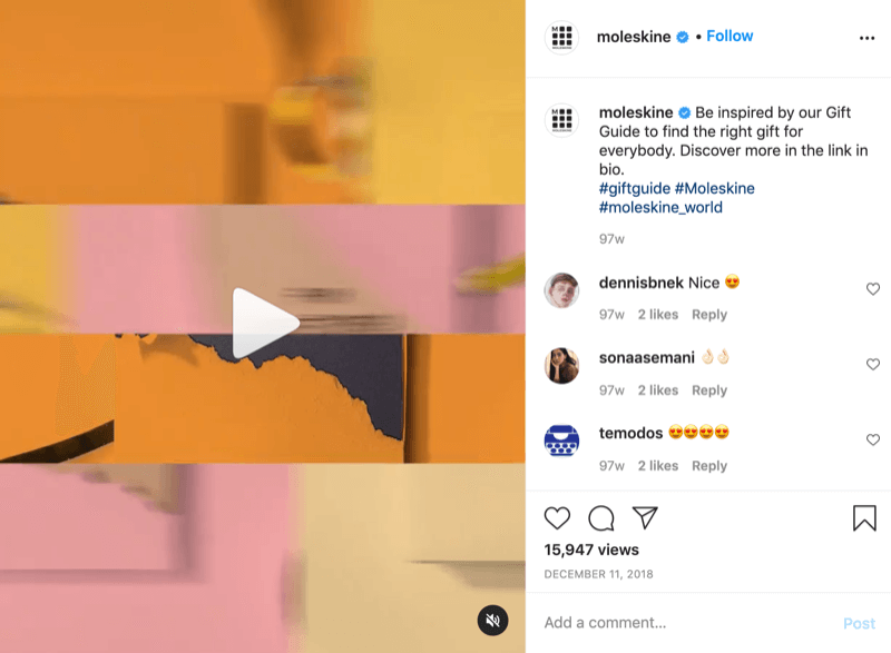 voorbeeld van een Instagram-cadeau-idee videopost van @moleskine met een oproep tot actie die kijkers naar de link in de bio leidt voor meer