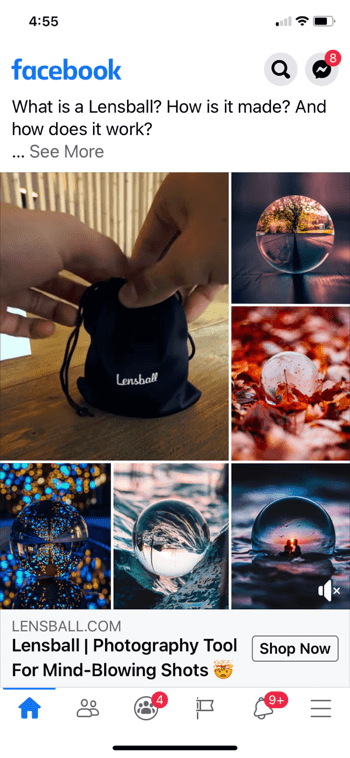 voorbeeld Facebook-advertentiecollage voor lensball, waarbij het product in een klein zwart tasje met trekkoord wordt weergegeven, samen met 5 voorbeeldfoto's van het product dat wordt gebruikt in afbeeldingen