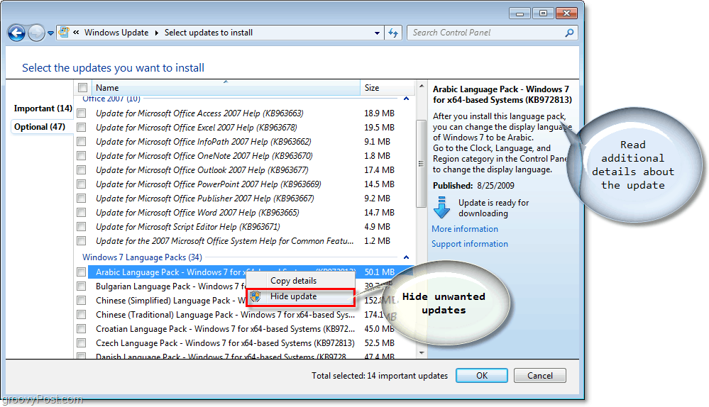 Windows 7 - Beschikbare updates voor Windows Update Selectievakjes Screenshot