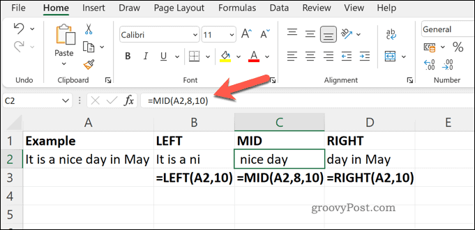 Een voorbeeld van de functies MIDDEN RECHTS en LINKS in Excel