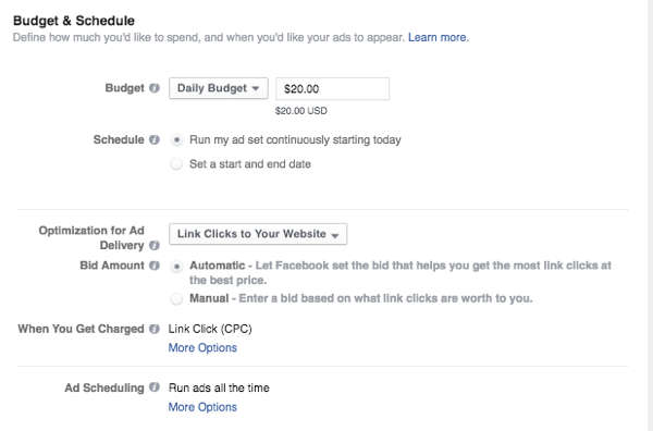 Facebook-advertenties budget en planning