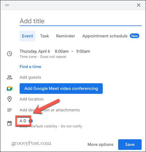Screenshot van Google Agenda-evenementenkalenderoptie