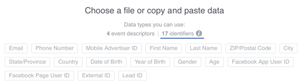 U kunt 17 gebruikers-ID's toevoegen aan de gegevens die u uploadt naar Facebook, maar zorg er altijd voor dat u indien mogelijk e-mailadressen gebruikt.