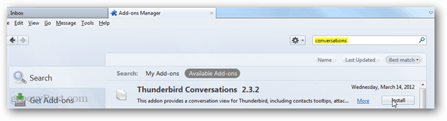 thunderbird-gesprekken - installeer add-on via zoekpagina