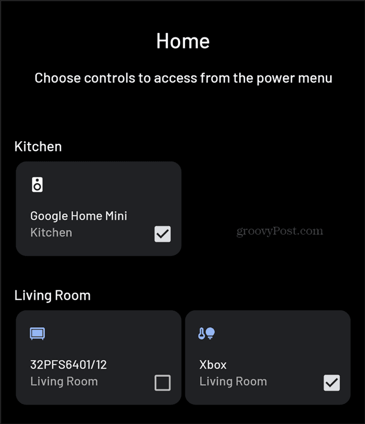 Android Smart Home-bedieningselementen menu toevoegen