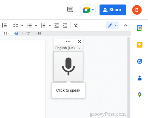 Menubox voor spraakgestuurd typen in Google Docs