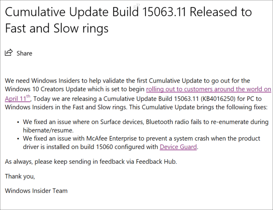 Eerste cumulatieve update voor Windows 10 Creators-update uitgebracht