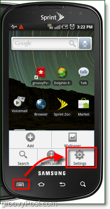start de app Instellingen via de menuknop op Android
