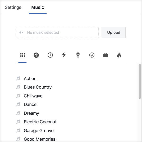 Klik op het tabblad Muziek en upload uw eigen audio of selecteer een nummer uit de Facebook-bibliotheek.