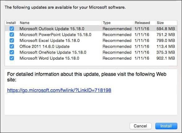 Microsoft Office 2016 voor Mac: update KB3133711 in januari