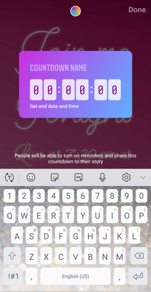Hoe de Instagram Countdown-sticker voor bedrijven te gebruiken, stap 2 aftelnaam.