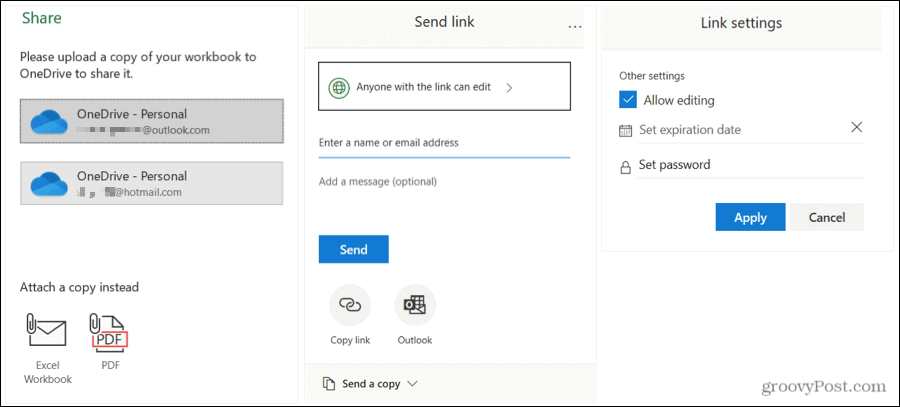 Deel Excel Send and Link-instellingen op Windows