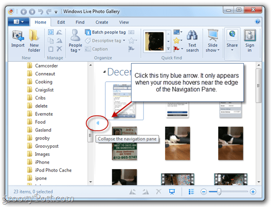Navigatievenster tonen / verbergen in Windows Live Photo Gallery 