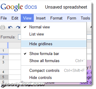 Verberg rasterlijnen in het Google Docs-menu