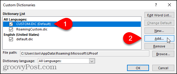 Klik op Toevoegen in dialoogvenster Aangepaste woordenboeken in Word