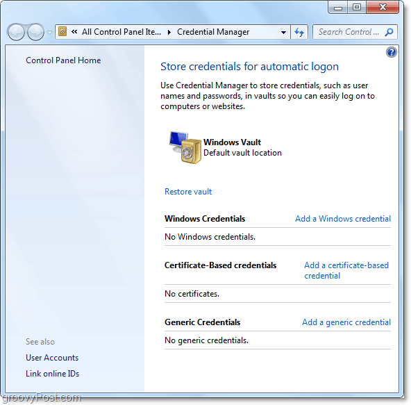 een algemene blik op de kluis van Windows 7 credential manager