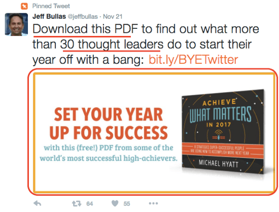 Jeff Bullas gebruikt een boeiende Twitter-afbeelding om downloads van zijn e-boek aan te moedigen.