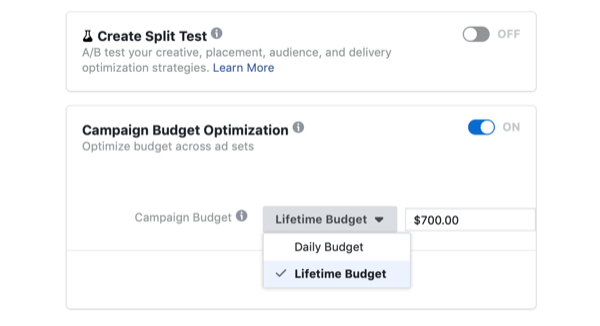 het selecteren van Campaign Budget Optimization en Lifetime Budget voor Facebook-campagne op de dag van flash-verkoop