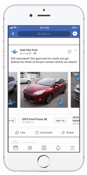 Facebook introduceerde dynamische advertenties waarmee autobedrijven hun voertuigcatalogus kunnen gebruiken om de relevantie van hun advertenties te vergroten.
