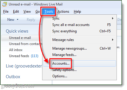 windows live mail tools accounts