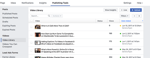 Uw Facebook-videobibliotheek bevat al uw gepubliceerde en niet-gepubliceerde video's. Video's met een gele stip worden niet gepubliceerd en video's met een groene stip worden gepubliceerd.