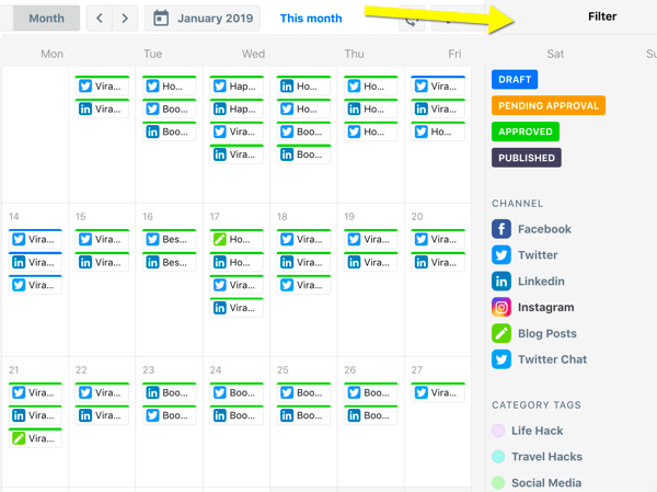 Hoe social media marketing taken te organiseren, ContentCal kalenderoverzicht met filters