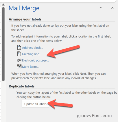 Opmaak van mail merge-labels in Word bevestigen