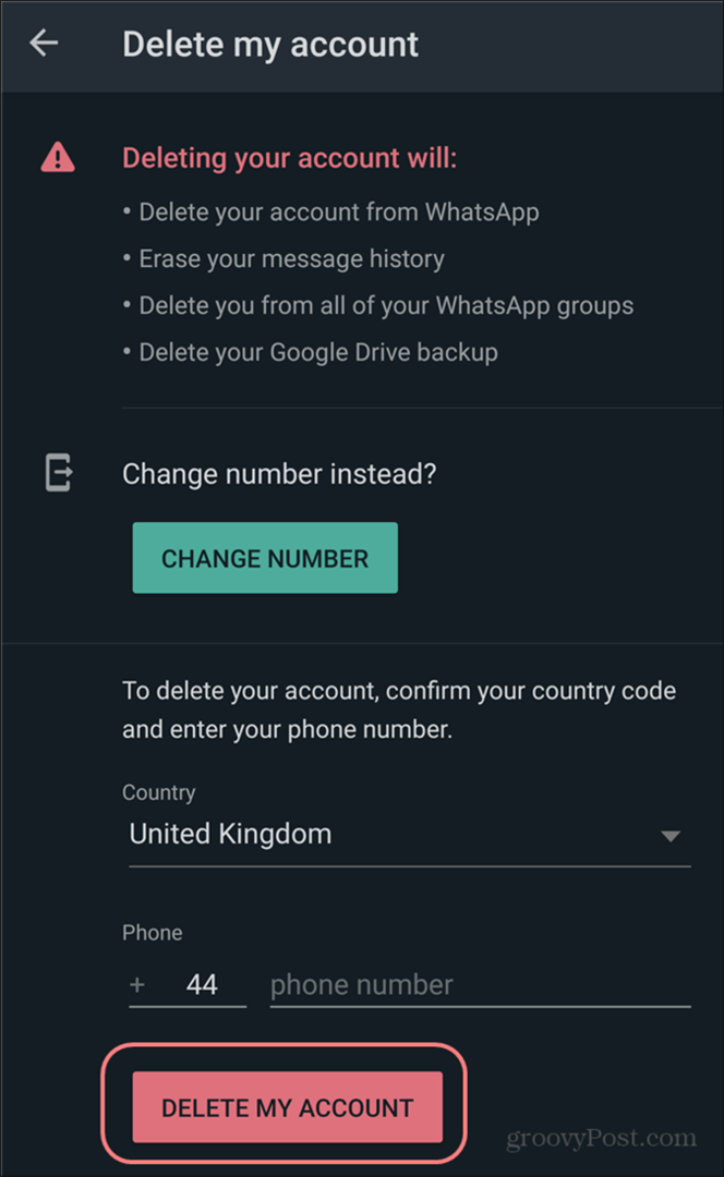 Verwijder WhatsApp-accountinstellingen bevestig verwijdering