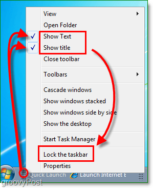 schakel snelstarttekst en titel uit in Windows 7, vergrendel de taakbalk