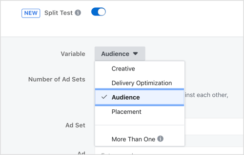 Selecteer een variabele om te testen met de Facebook split-testfunctie.