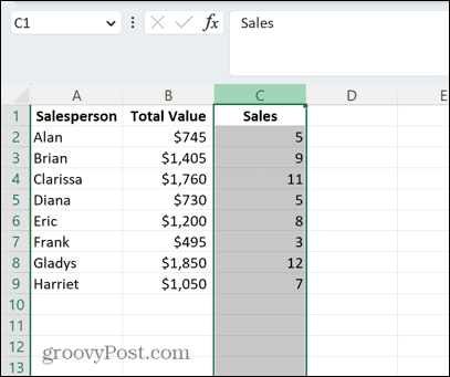 Excel geselecteerde kolom